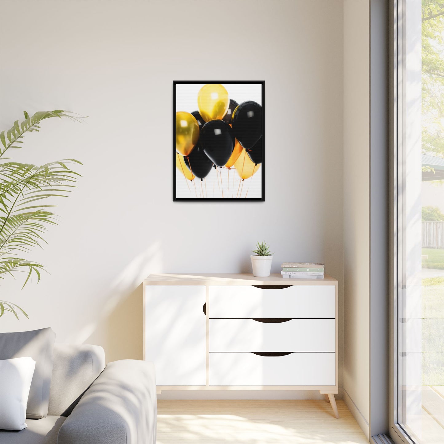 Black and Gold Balloon Framed Canvas Art Print, Stylish Home Decor, Birthday Party Wall Art, Modern Aesthetic, Celebration Gift