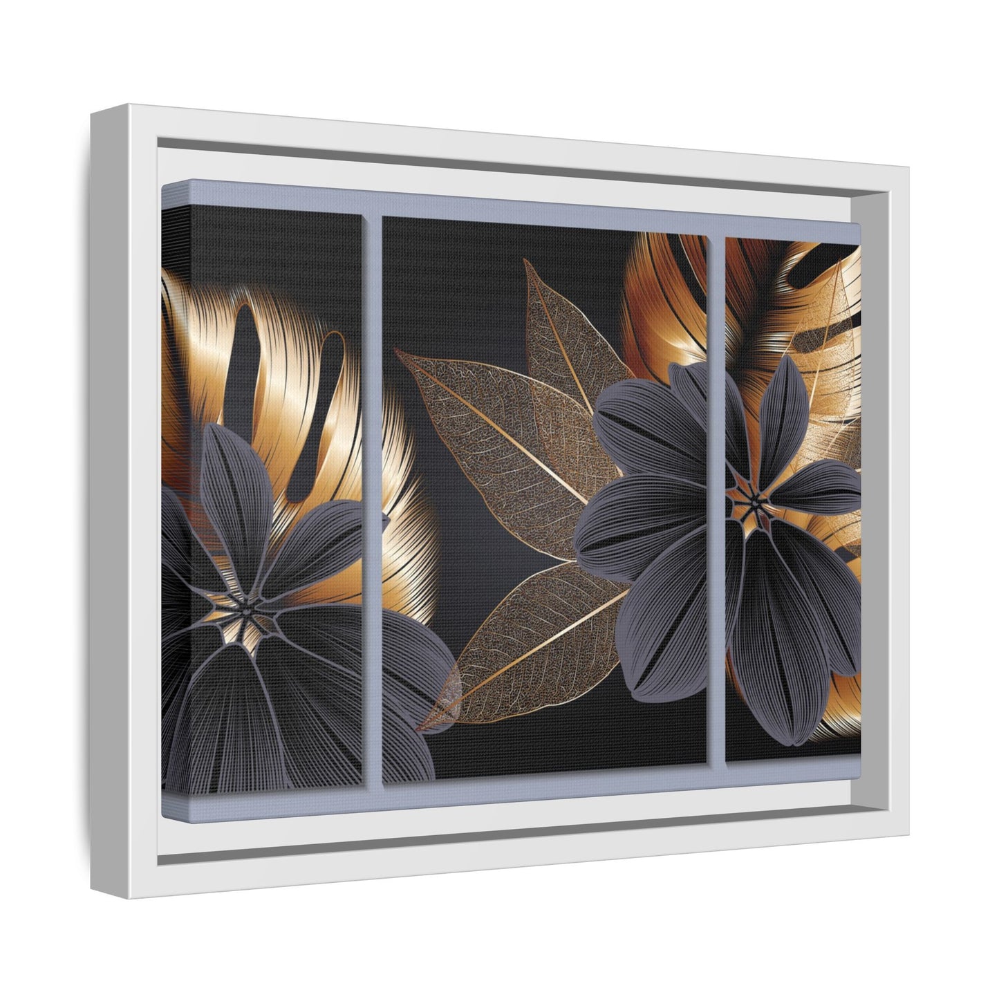Floral Framed Canvas Wall Art – Elegant Matte Botanical Print in Gold and Black | Modern Home Decor, Gift for Her, Minimalist or Boho Style