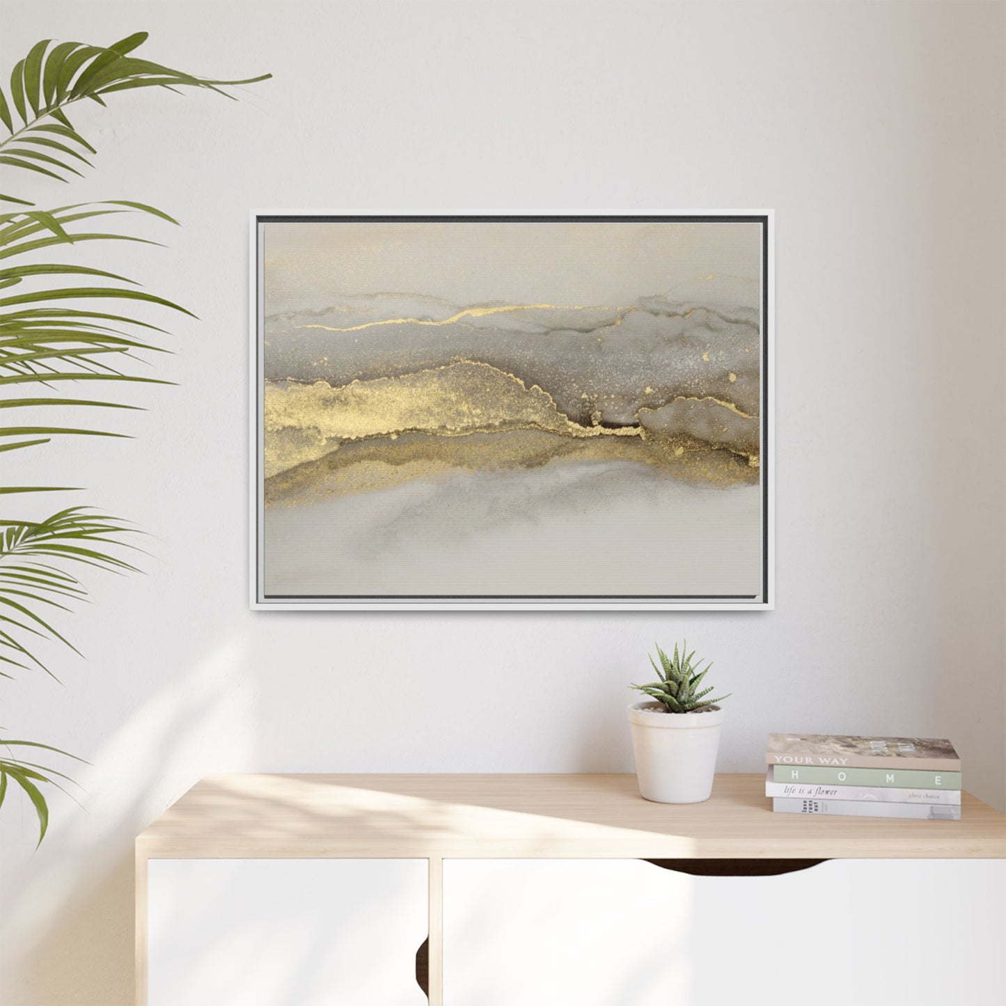 Framed Abstract Canvas Wall Art – Modern Gold and Silver Accent Print for Living Room or Office | Elegant Matte Decor for Gallery Walls