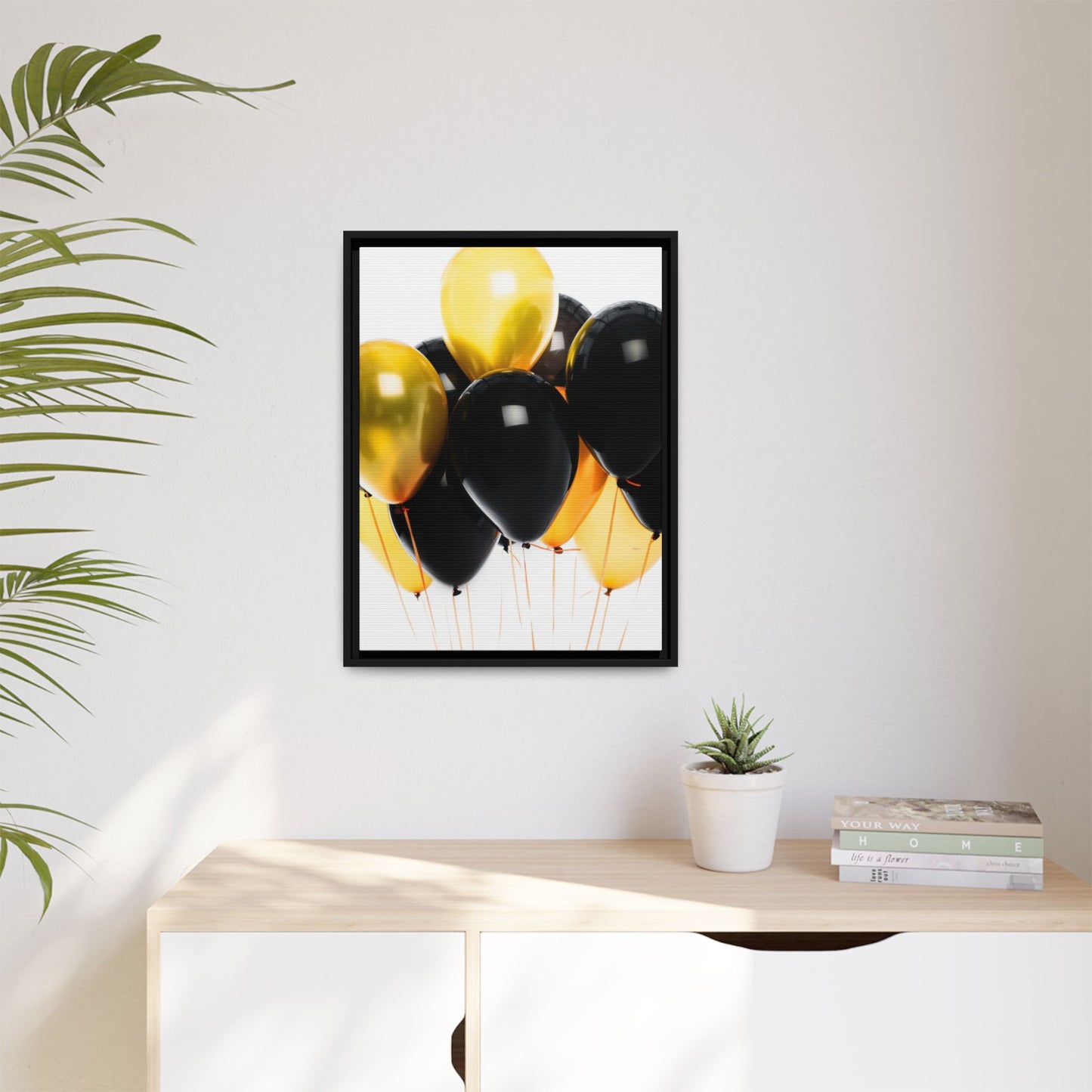 Black and Gold Balloon Framed Canvas Art Print, Stylish Home Decor, Birthday Party Wall Art, Modern Aesthetic, Celebration Gift