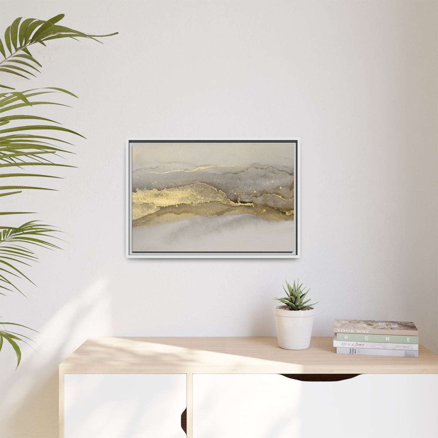 Framed Abstract Canvas Wall Art – Modern Gold and Silver Accent Print for Living Room or Office | Elegant Matte Decor for Gallery Walls