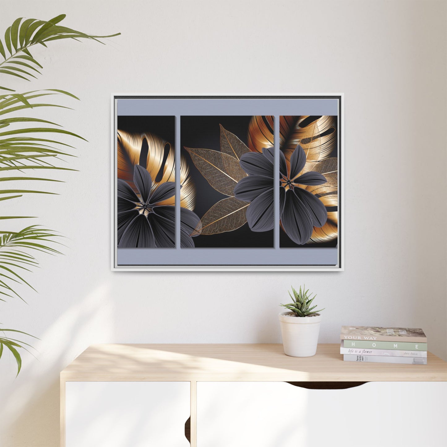 Floral Framed Canvas Wall Art – Elegant Matte Botanical Print in Gold and Black | Modern Home Decor, Gift for Her, Minimalist or Boho Style