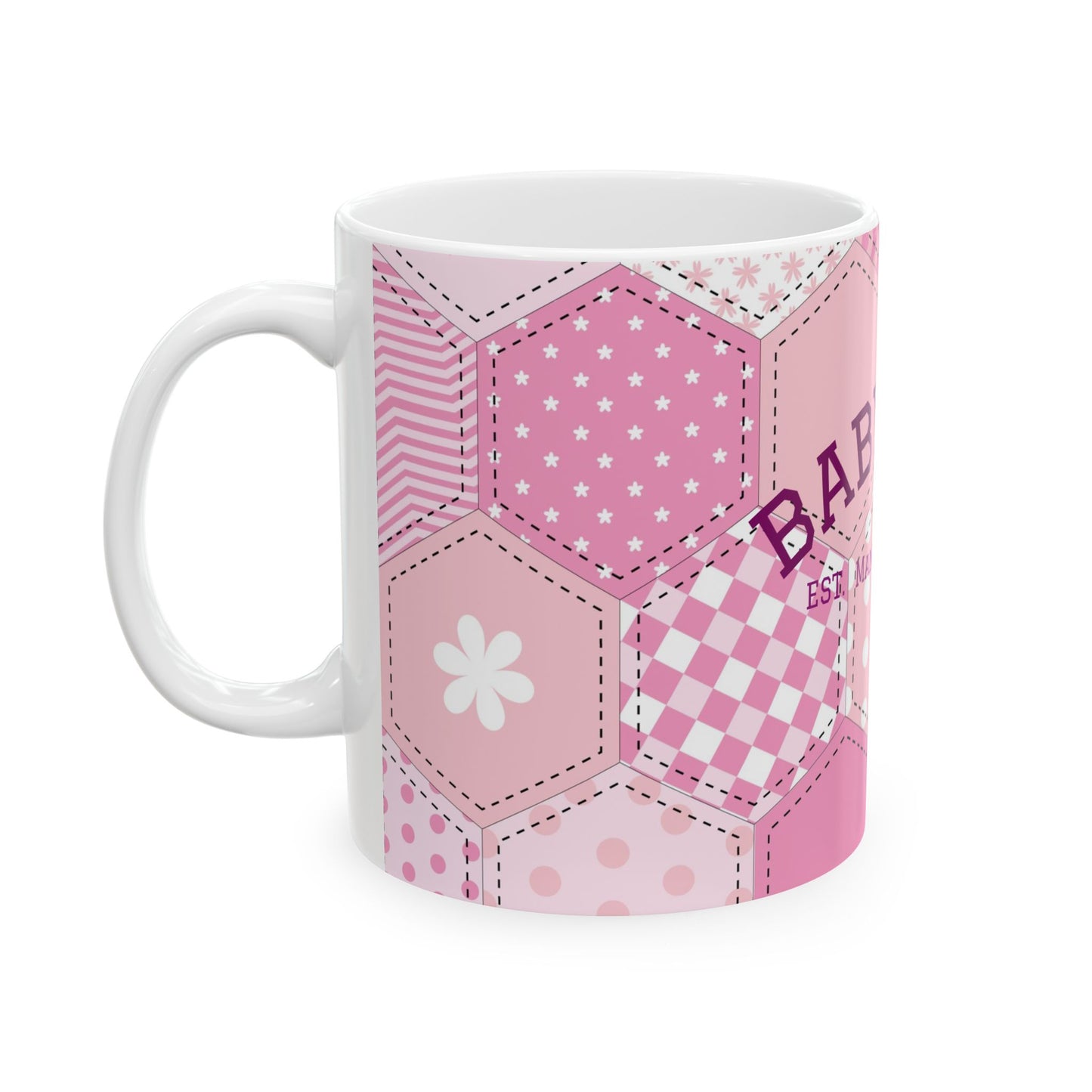 Baby girl ceramic mug soft girl aesthetic pink patchwork coffee cup gift for her cute feminine drinkware for cozy mornings