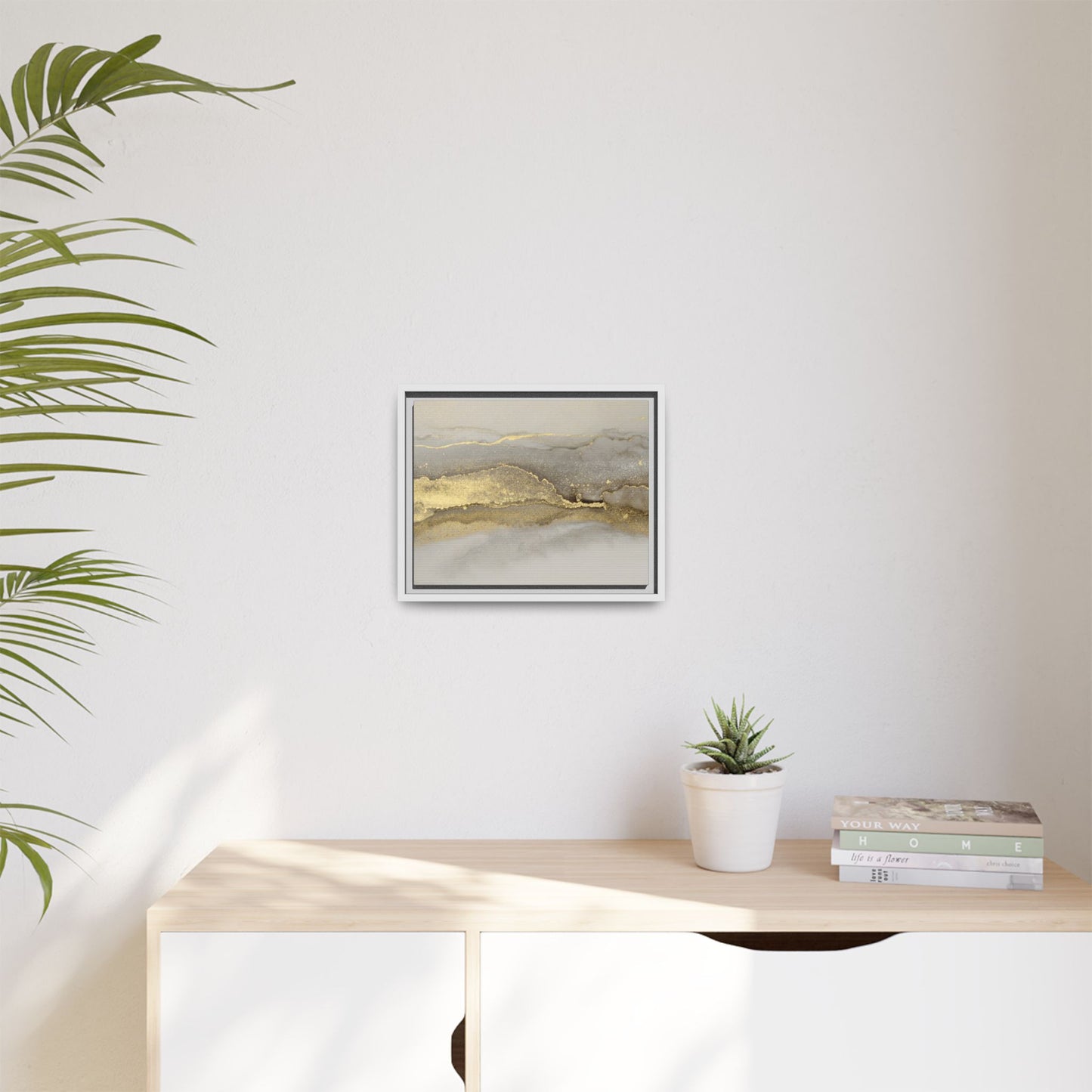 Framed Abstract Canvas Wall Art – Modern Gold and Silver Accent Print for Living Room or Office | Elegant Matte Decor for Gallery Walls