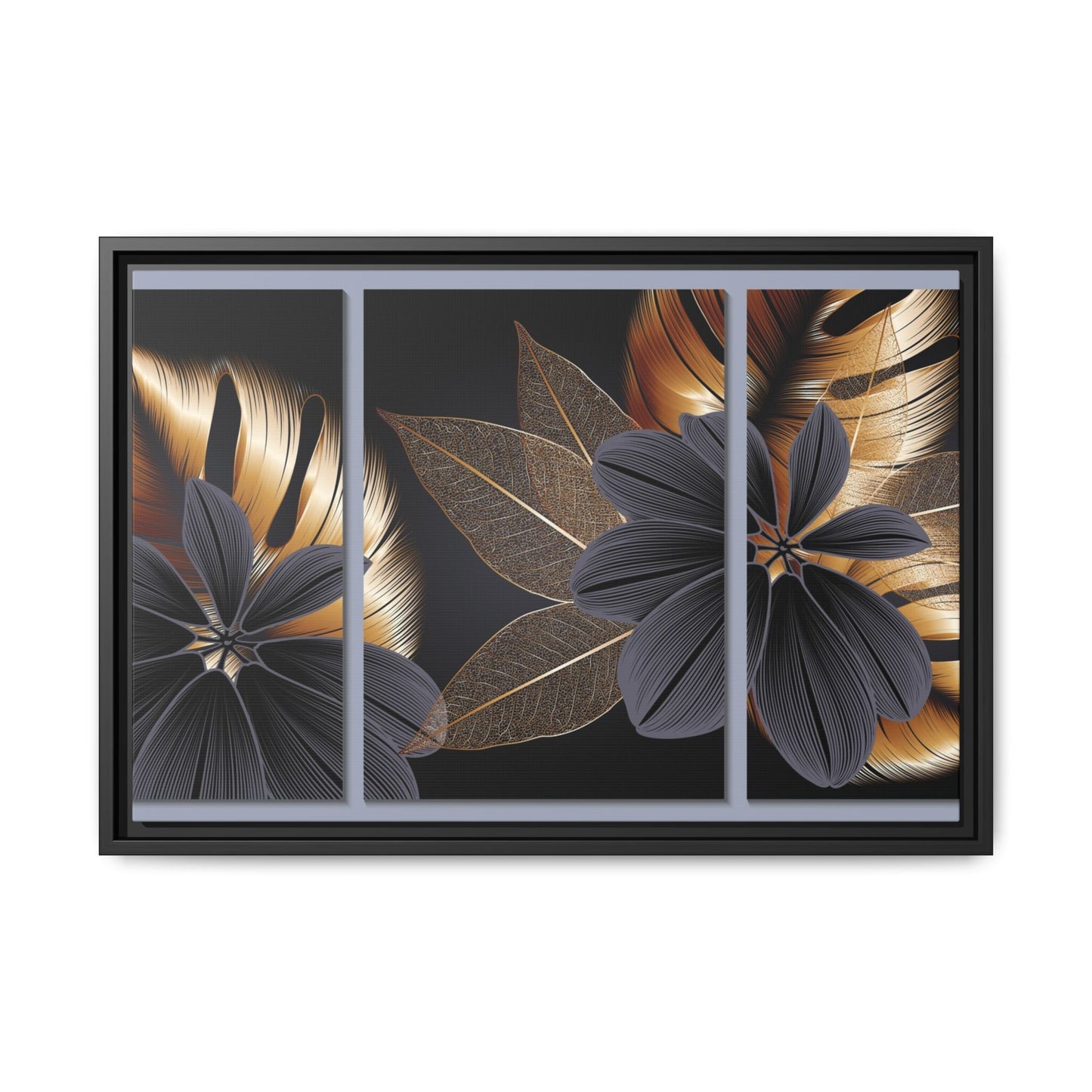 Floral Framed Canvas Wall Art – Elegant Matte Botanical Print in Gold and Black | Modern Home Decor, Gift for Her, Minimalist or Boho Style