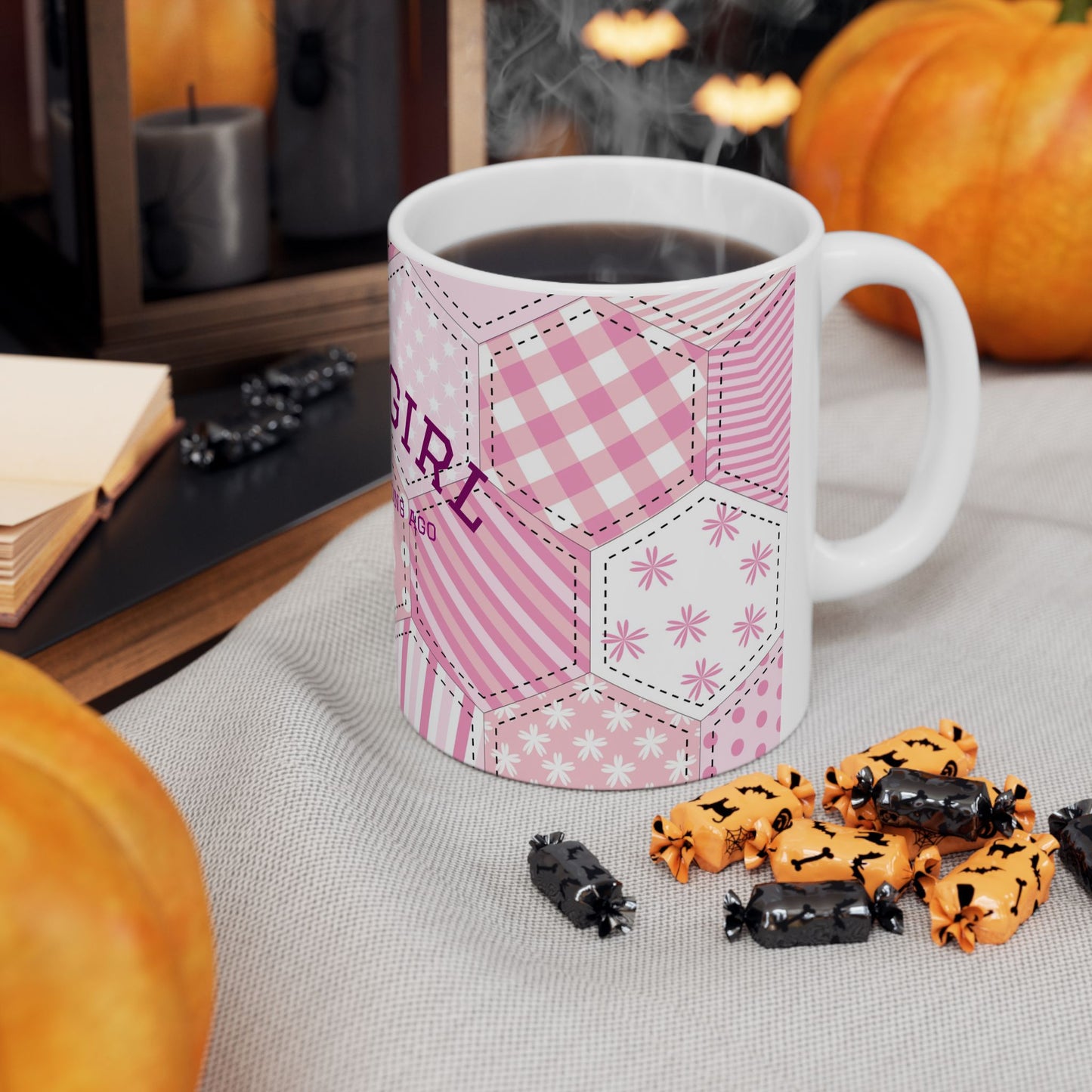 Baby girl ceramic mug soft girl aesthetic pink patchwork coffee cup gift for her cute feminine drinkware for cozy mornings