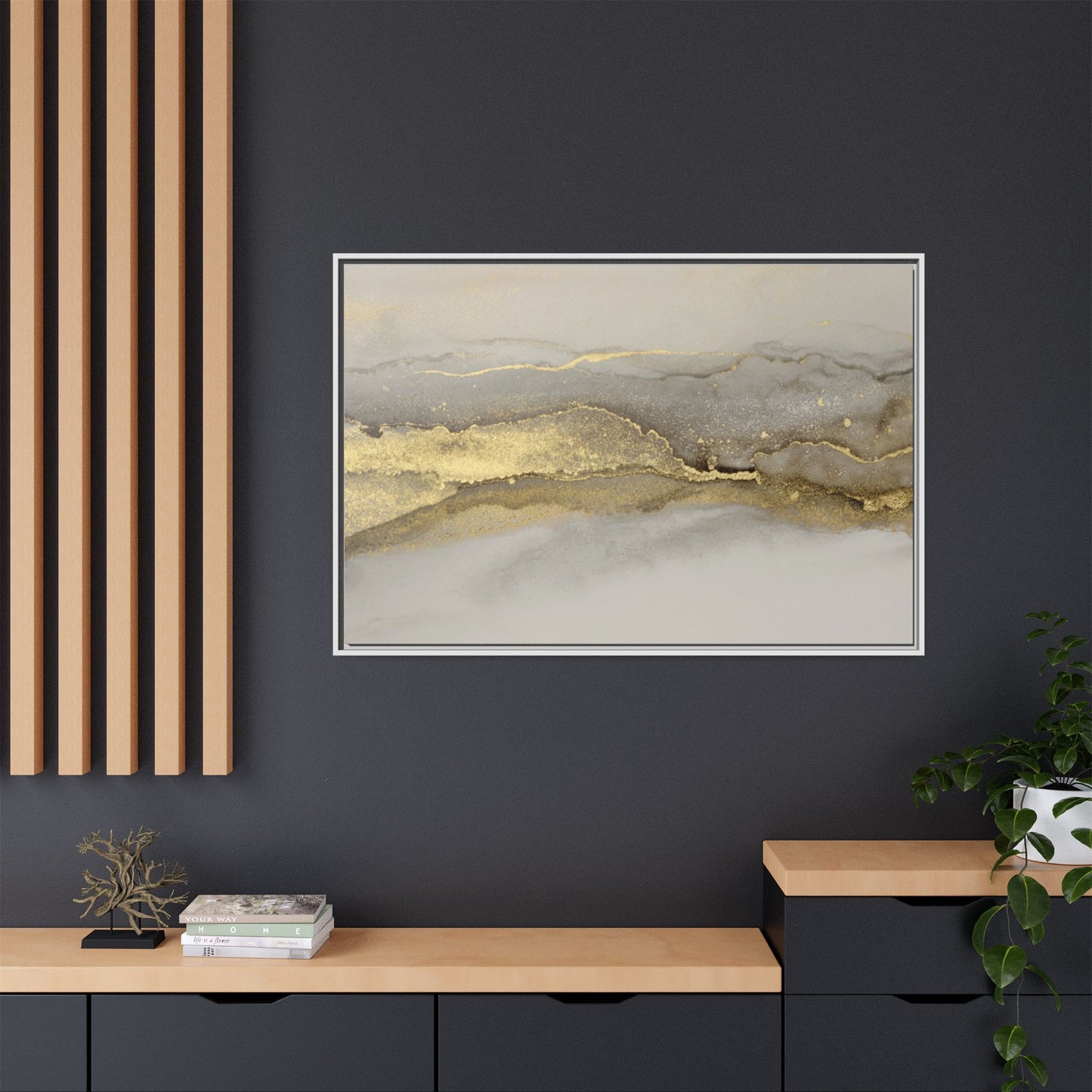 Framed Abstract Canvas Wall Art – Modern Gold and Silver Accent Print for Living Room or Office | Elegant Matte Decor for Gallery Walls