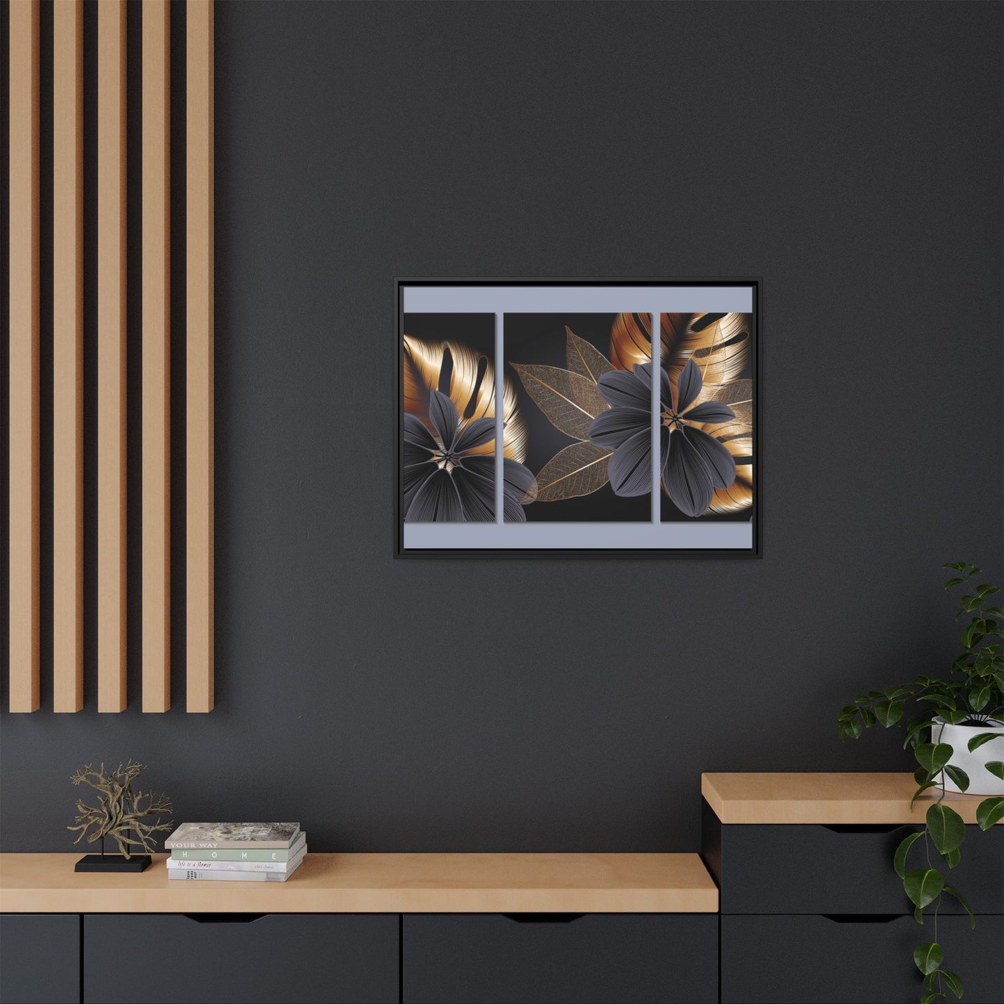 Floral Framed Canvas Wall Art – Elegant Matte Botanical Print in Gold and Black | Modern Home Decor, Gift for Her, Minimalist or Boho Style