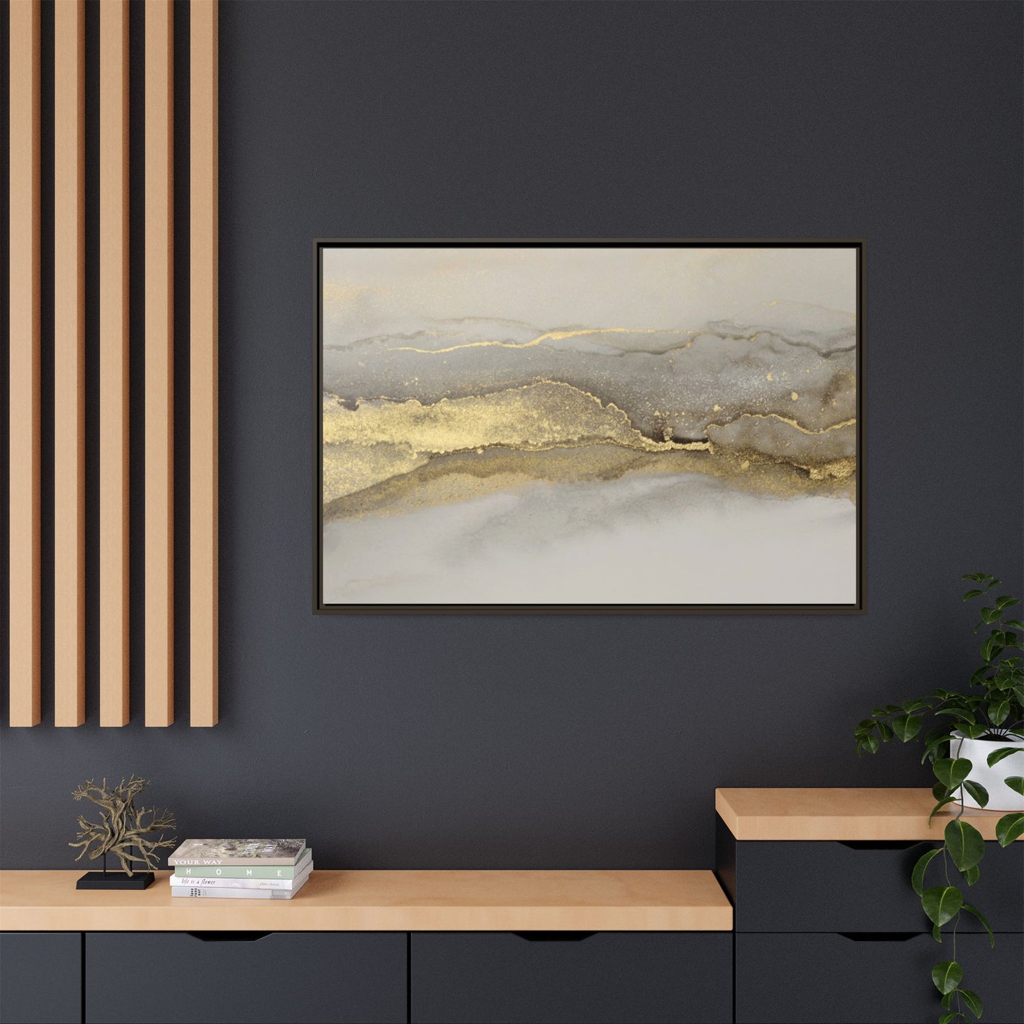 Framed Abstract Canvas Wall Art – Modern Gold and Silver Accent Print for Living Room or Office | Elegant Matte Decor for Gallery Walls