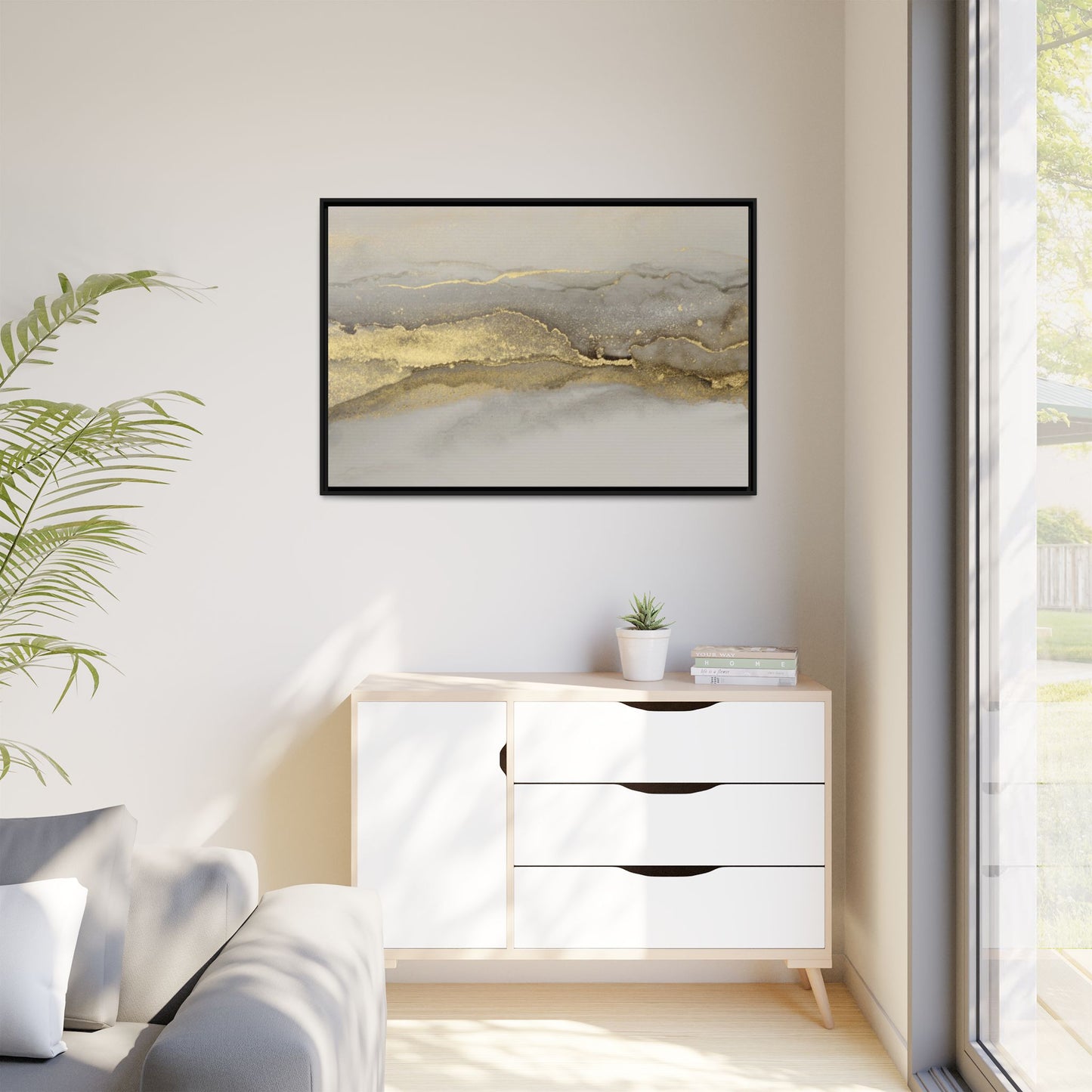 Framed Abstract Canvas Wall Art – Modern Gold and Silver Accent Print for Living Room or Office | Elegant Matte Decor for Gallery Walls