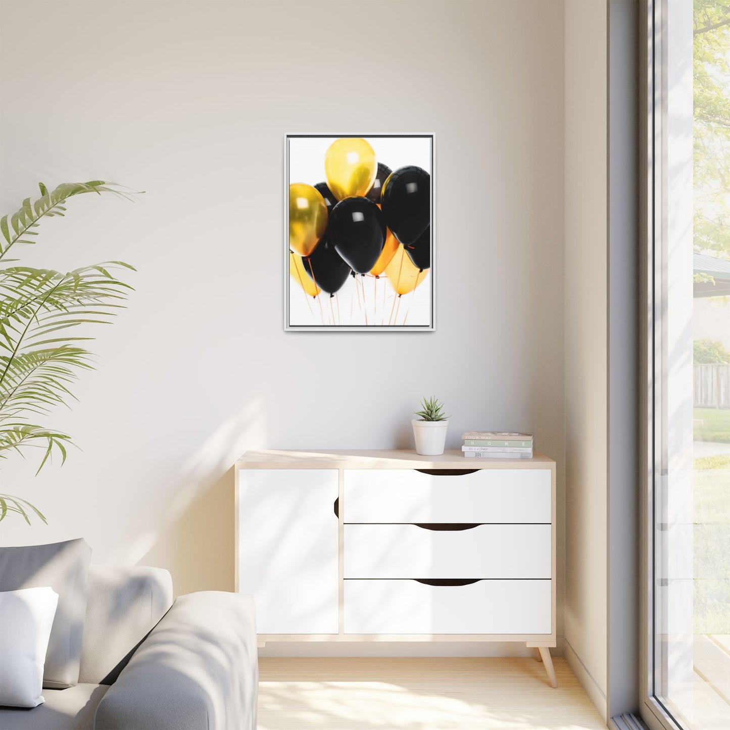 Black and Gold Balloon Framed Canvas Art Print, Stylish Home Decor, Birthday Party Wall Art, Modern Aesthetic, Celebration Gift