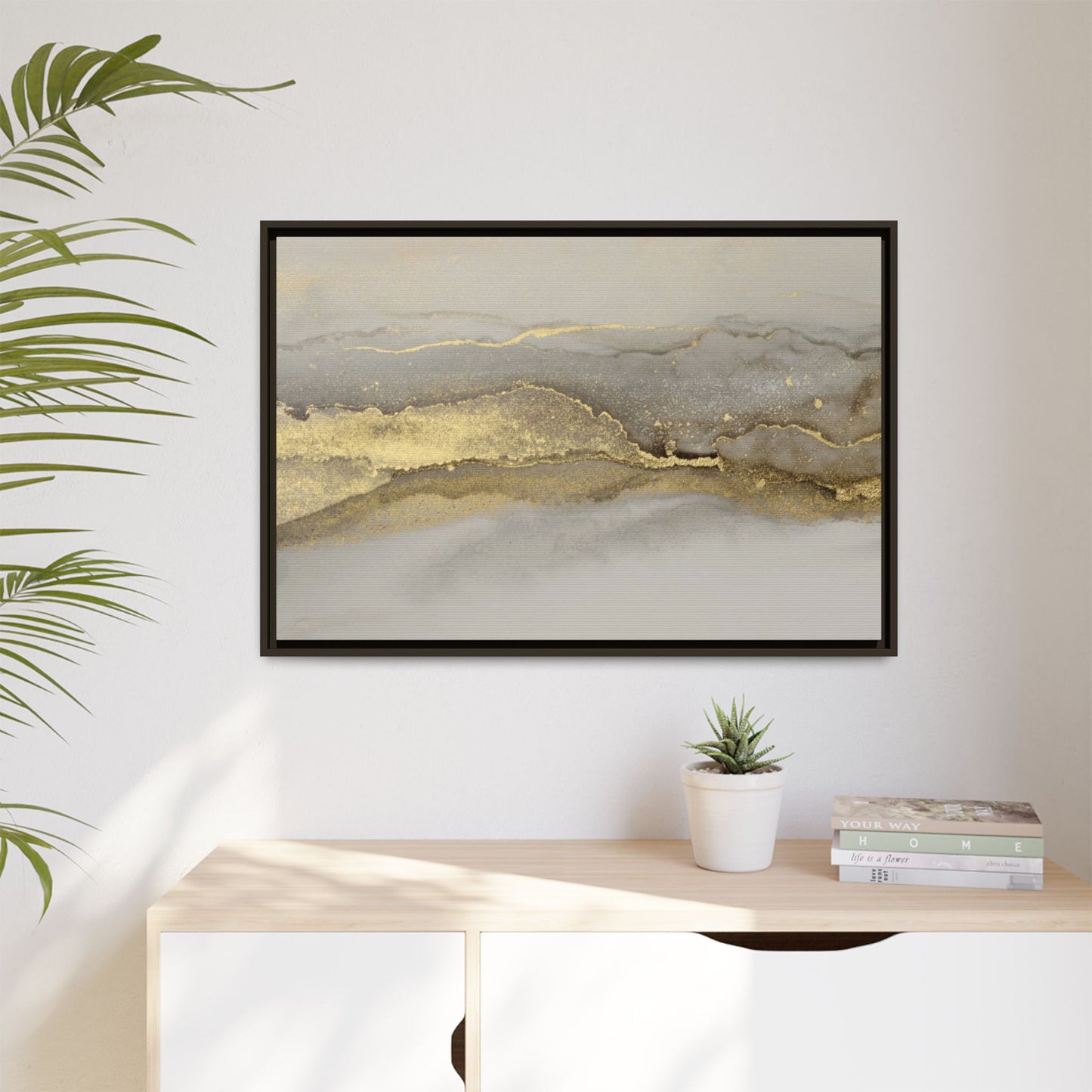 Framed Abstract Canvas Wall Art – Modern Gold and Silver Accent Print for Living Room or Office | Elegant Matte Decor for Gallery Walls