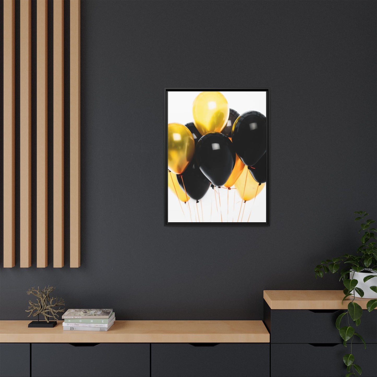 Black and Gold Balloon Framed Canvas Art Print, Stylish Home Decor, Birthday Party Wall Art, Modern Aesthetic, Celebration Gift