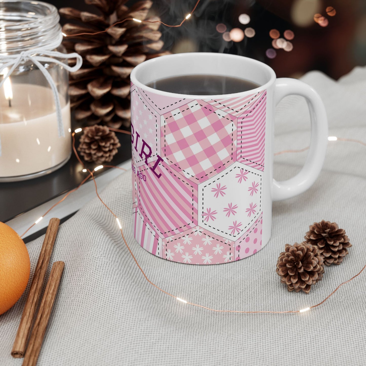 Baby girl ceramic mug soft girl aesthetic pink patchwork coffee cup gift for her cute feminine drinkware for cozy mornings
