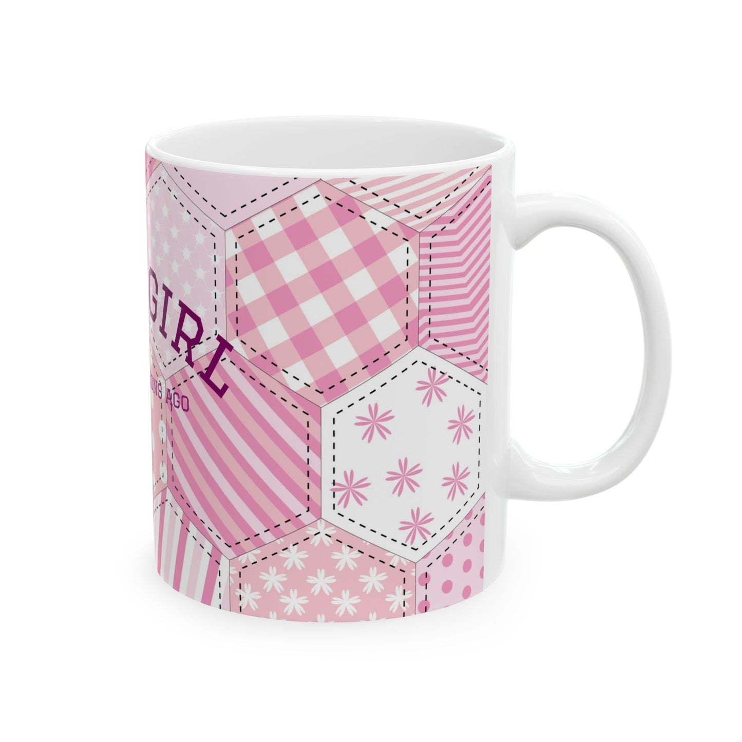 Baby girl ceramic mug soft girl aesthetic pink patchwork coffee cup gift for her cute feminine drinkware for cozy mornings