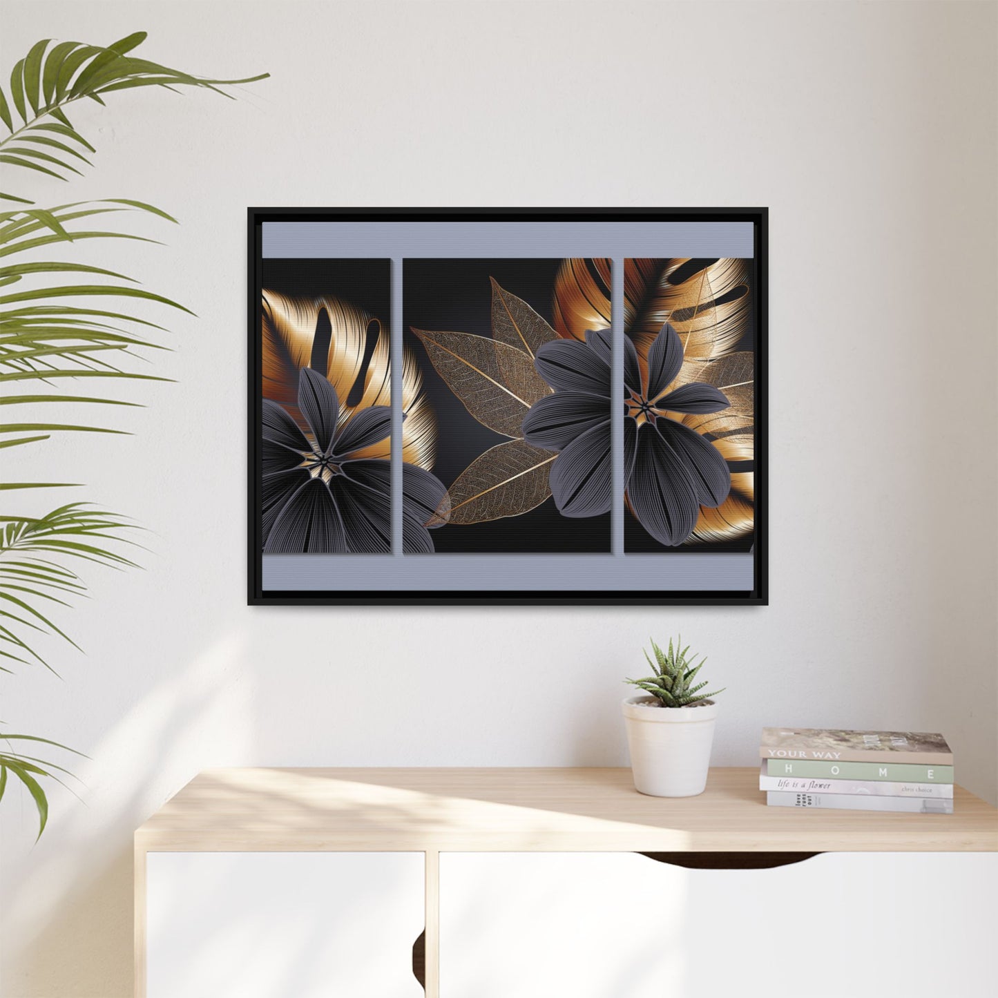 Floral Framed Canvas Wall Art – Elegant Matte Botanical Print in Gold and Black | Modern Home Decor, Gift for Her, Minimalist or Boho Style