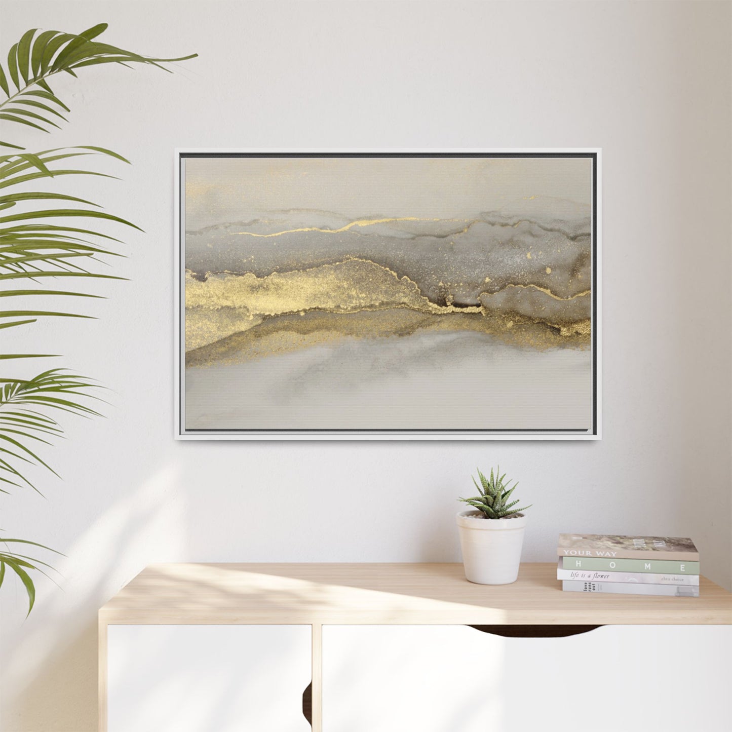 Framed Abstract Canvas Wall Art – Modern Gold and Silver Accent Print for Living Room or Office | Elegant Matte Decor for Gallery Walls