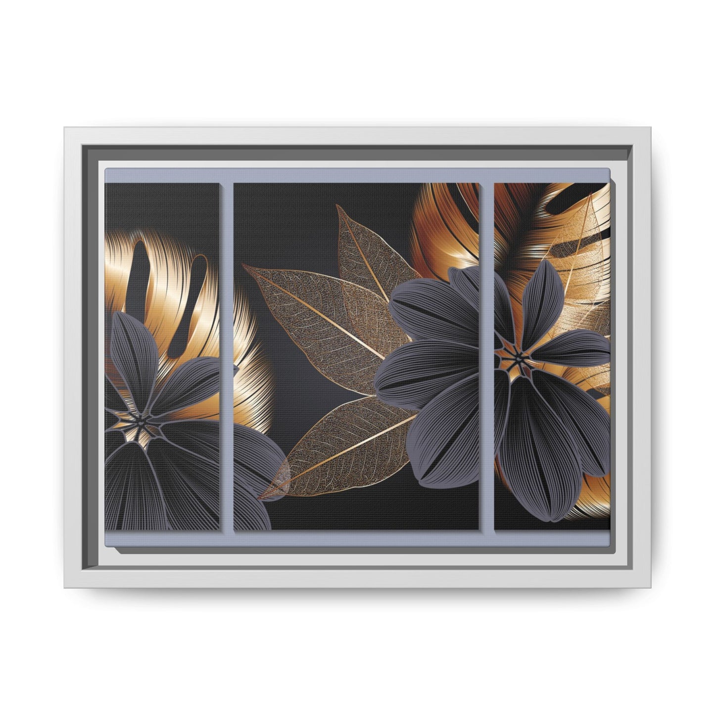 Floral Framed Canvas Wall Art – Elegant Matte Botanical Print in Gold and Black | Modern Home Decor, Gift for Her, Minimalist or Boho Style