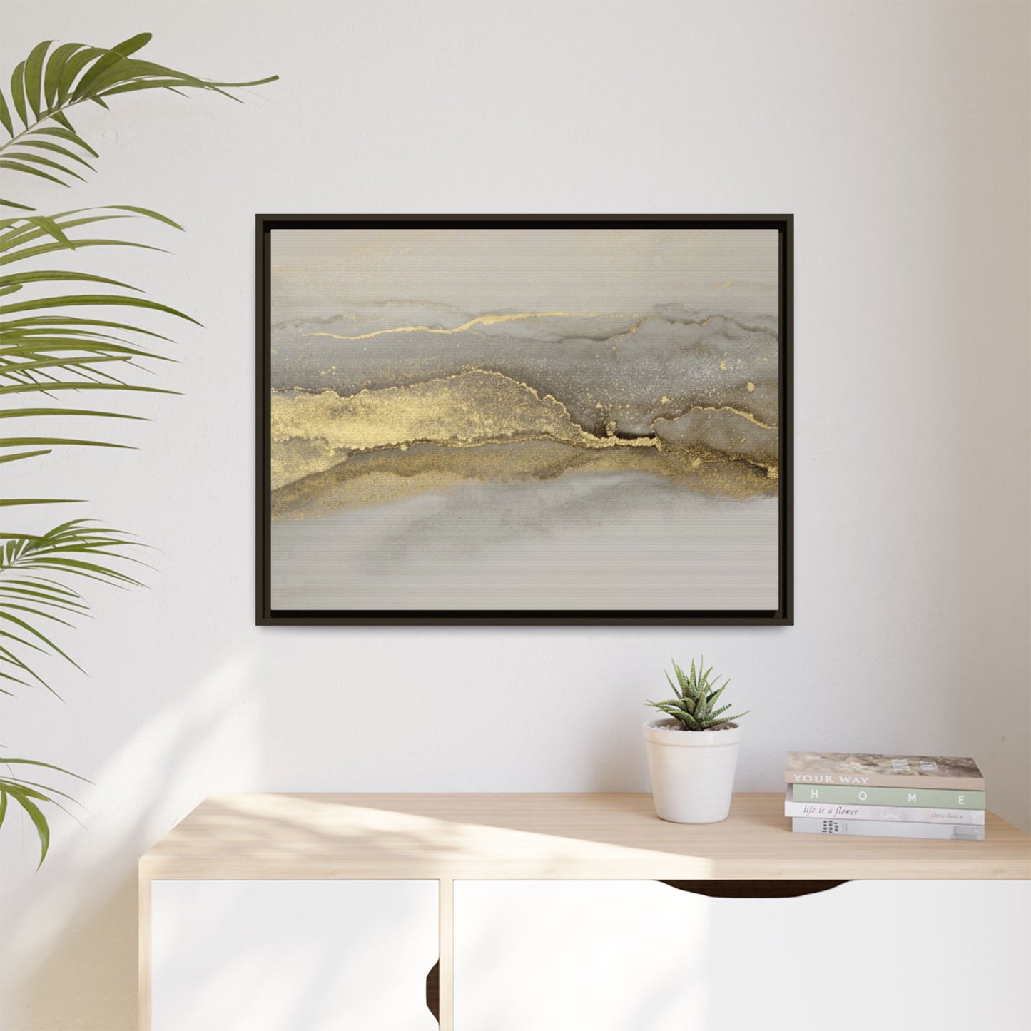 Framed Abstract Canvas Wall Art – Modern Gold and Silver Accent Print for Living Room or Office | Elegant Matte Decor for Gallery Walls