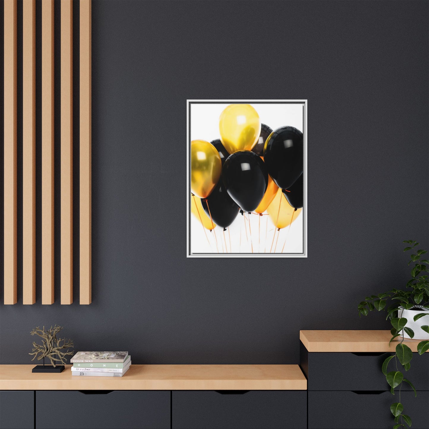Black and Gold Balloon Framed Canvas Art Print, Stylish Home Decor, Birthday Party Wall Art, Modern Aesthetic, Celebration Gift
