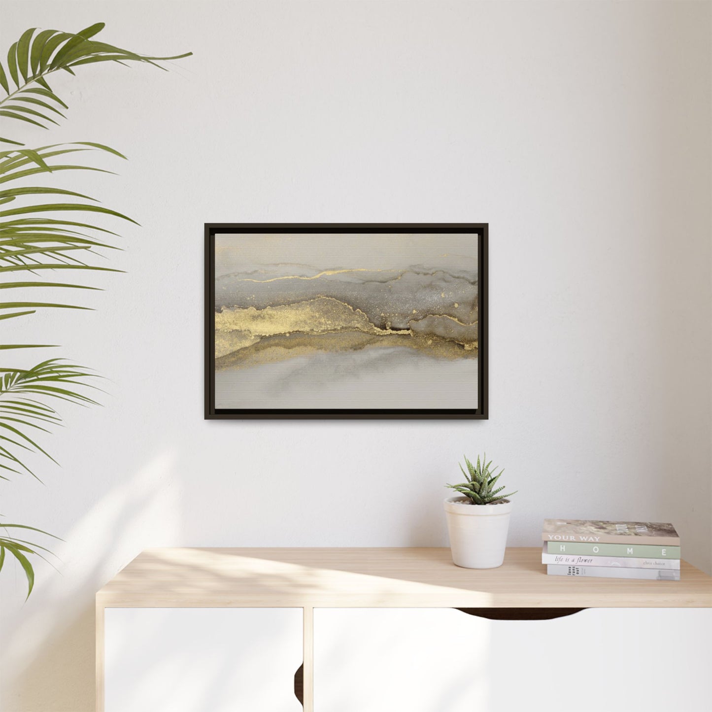 Framed Abstract Canvas Wall Art – Modern Gold and Silver Accent Print for Living Room or Office | Elegant Matte Decor for Gallery Walls