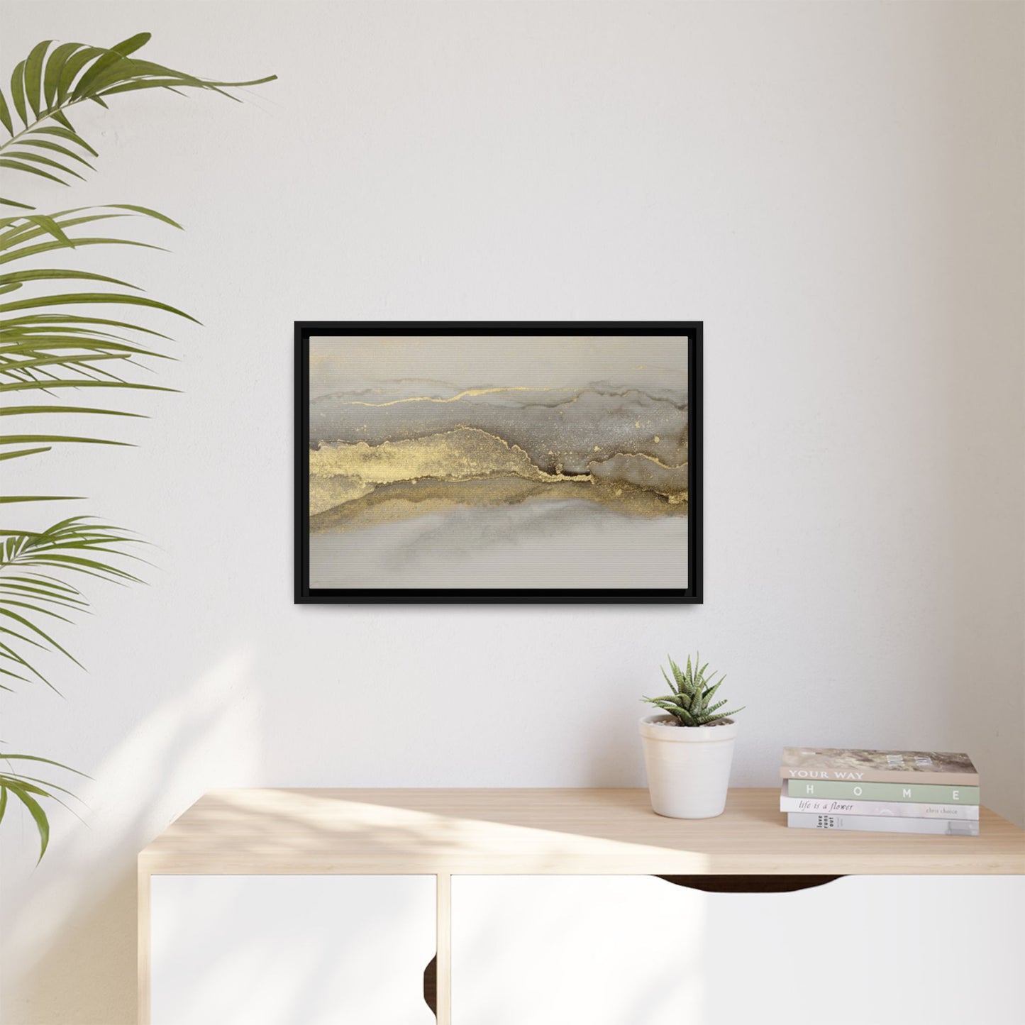 Framed Abstract Canvas Wall Art – Modern Gold and Silver Accent Print for Living Room or Office | Elegant Matte Decor for Gallery Walls