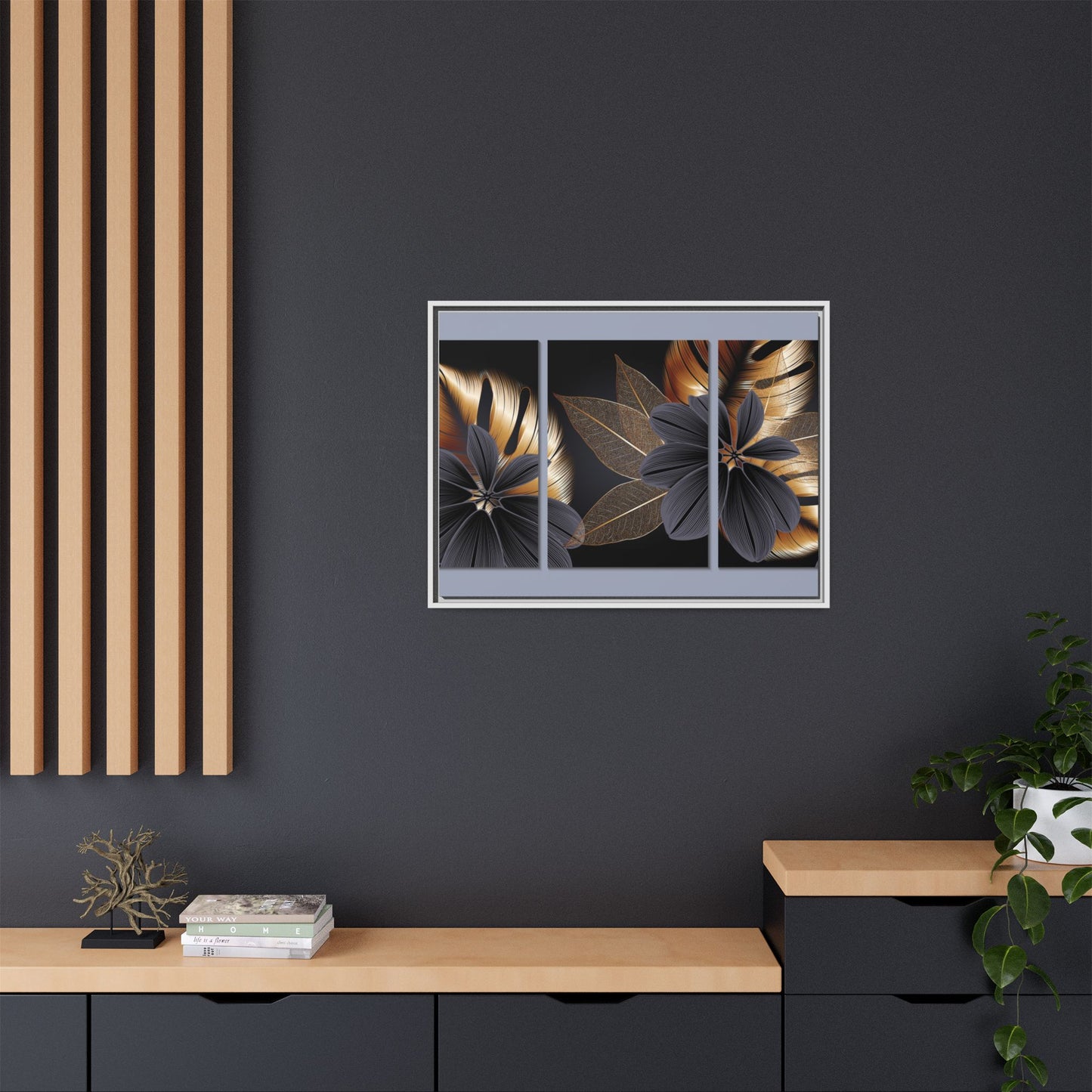 Floral Framed Canvas Wall Art – Elegant Matte Botanical Print in Gold and Black | Modern Home Decor, Gift for Her, Minimalist or Boho Style