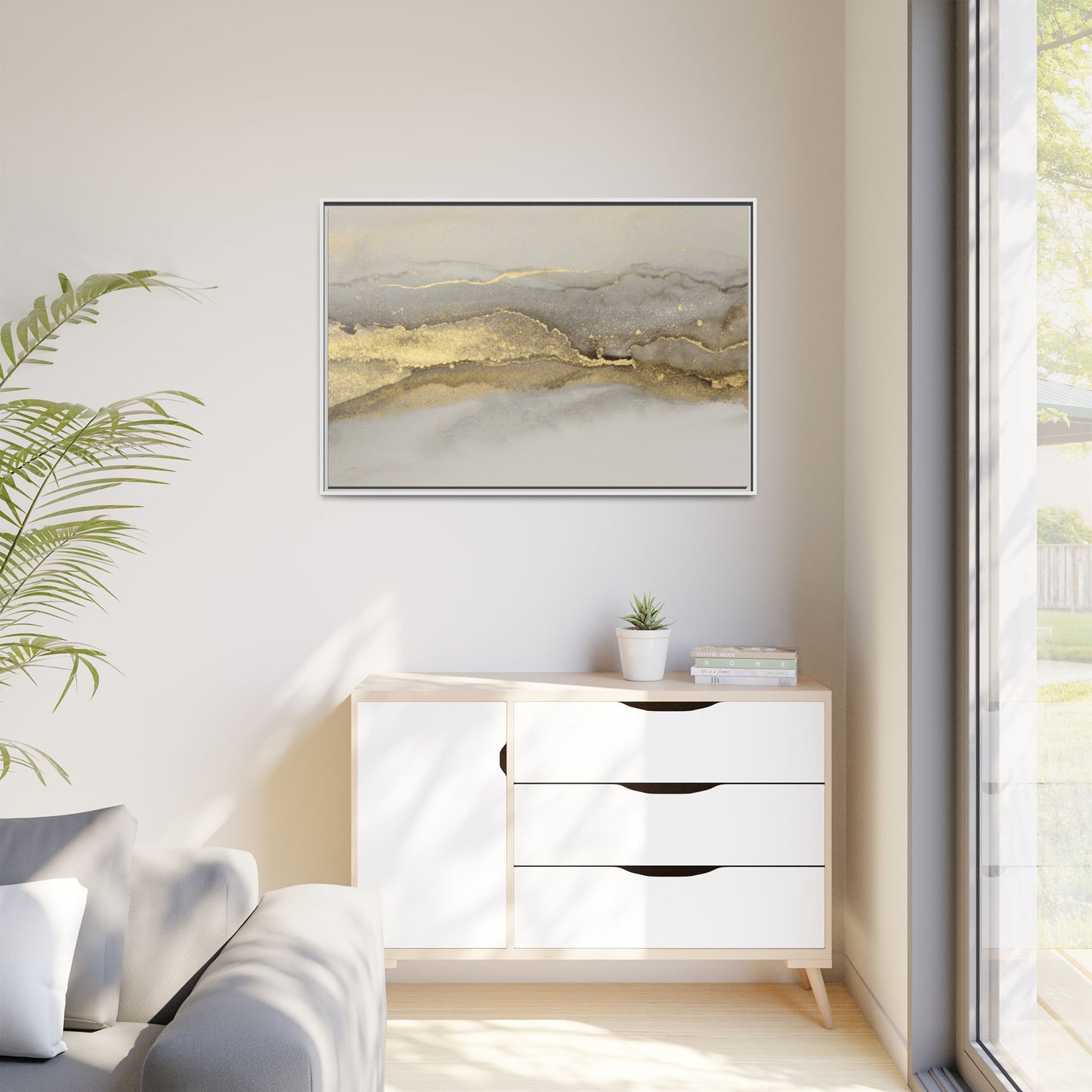 Framed Abstract Canvas Wall Art – Modern Gold and Silver Accent Print for Living Room or Office | Elegant Matte Decor for Gallery Walls