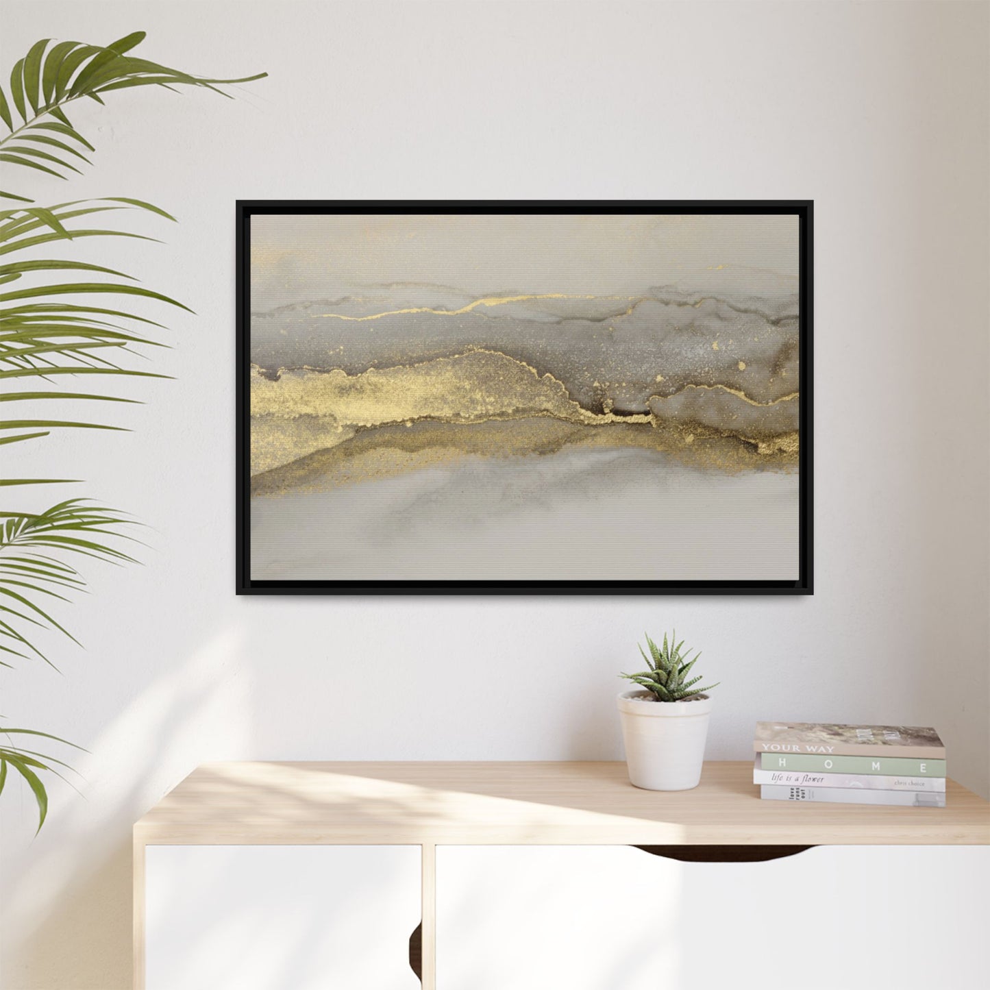 Framed Abstract Canvas Wall Art – Modern Gold and Silver Accent Print for Living Room or Office | Elegant Matte Decor for Gallery Walls