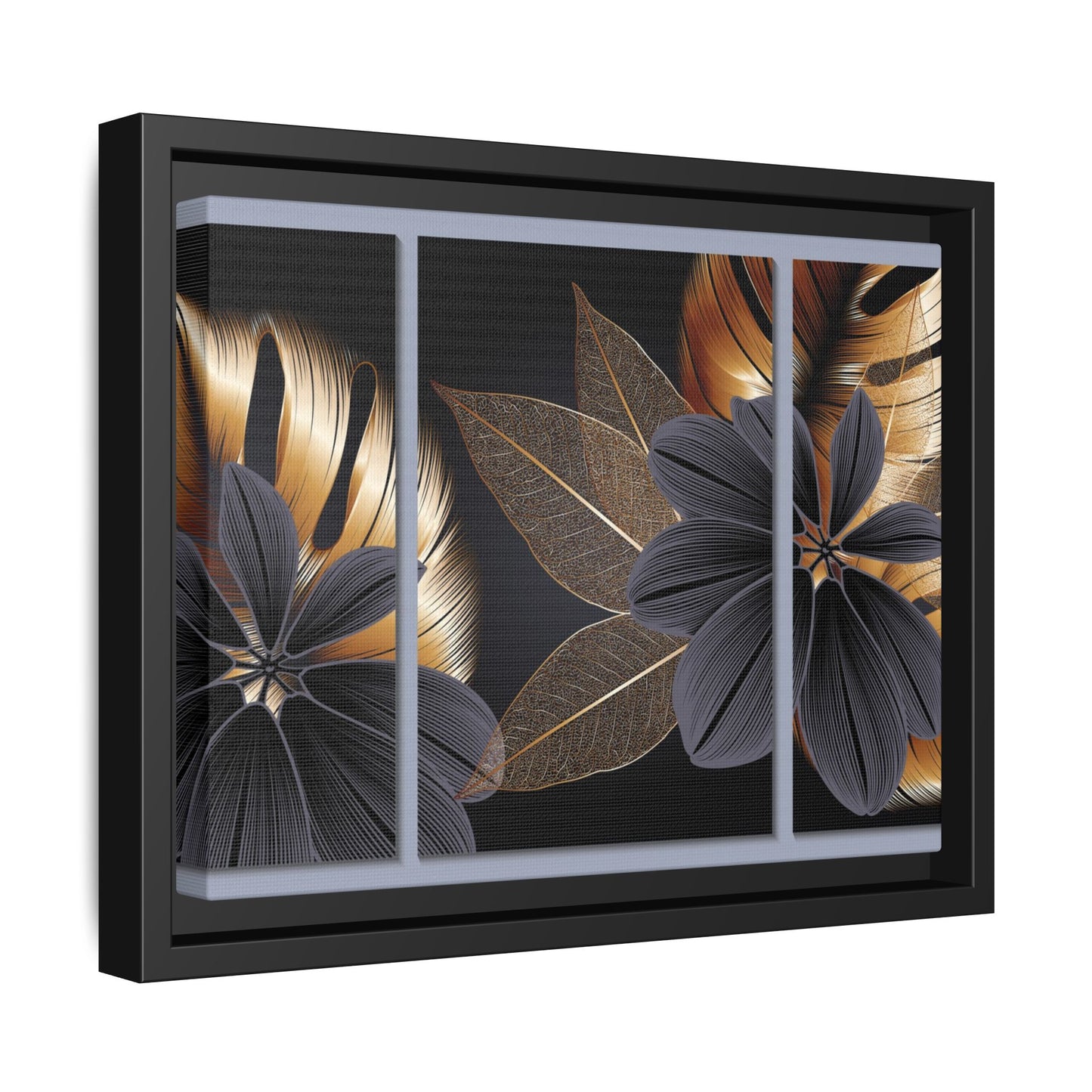 Floral Framed Canvas Wall Art – Elegant Matte Botanical Print in Gold and Black | Modern Home Decor, Gift for Her, Minimalist or Boho Style