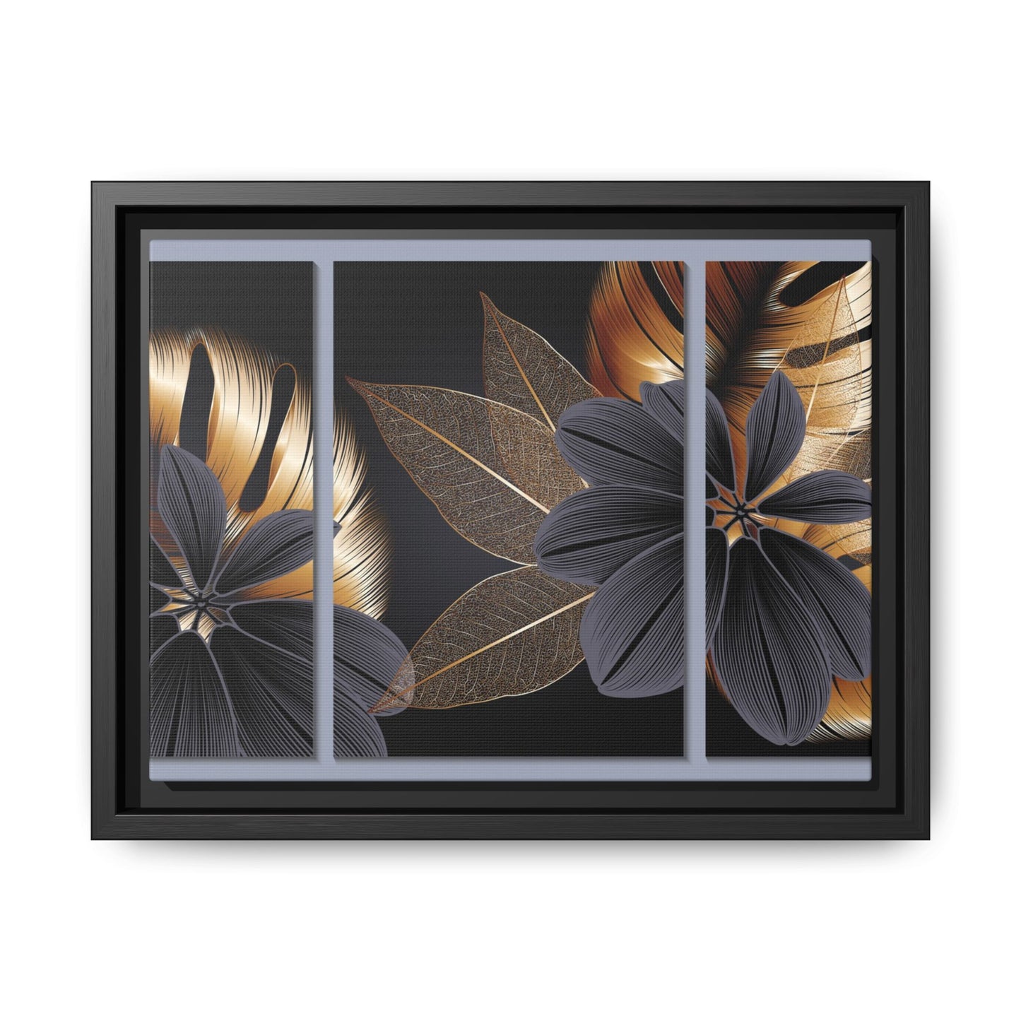 Floral Framed Canvas Wall Art – Elegant Matte Botanical Print in Gold and Black | Modern Home Decor, Gift for Her, Minimalist or Boho Style