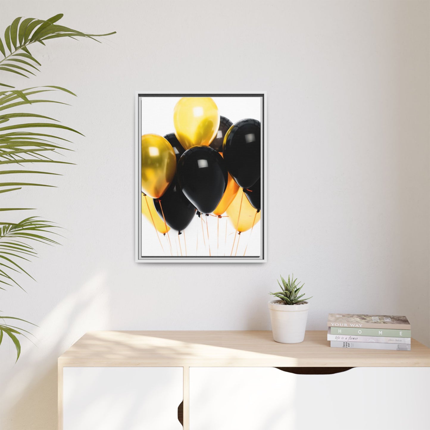 Black and Gold Balloon Framed Canvas Art Print, Stylish Home Decor, Birthday Party Wall Art, Modern Aesthetic, Celebration Gift