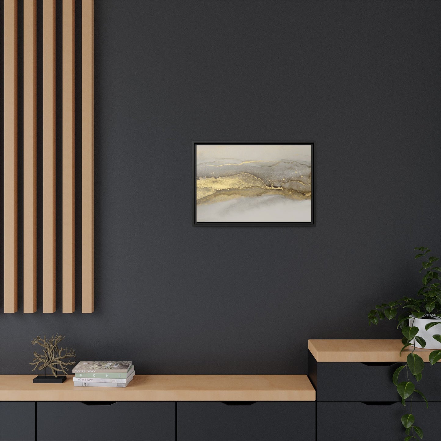 Framed Abstract Canvas Wall Art – Modern Gold and Silver Accent Print for Living Room or Office | Elegant Matte Decor for Gallery Walls