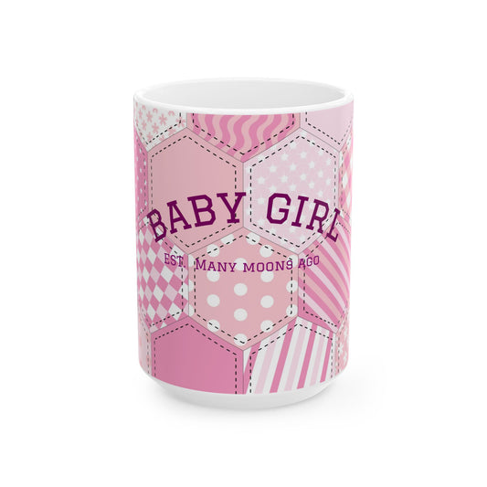 Baby girl ceramic mug soft girl aesthetic pink patchwork coffee cup gift for her cute feminine drinkware for cozy mornings