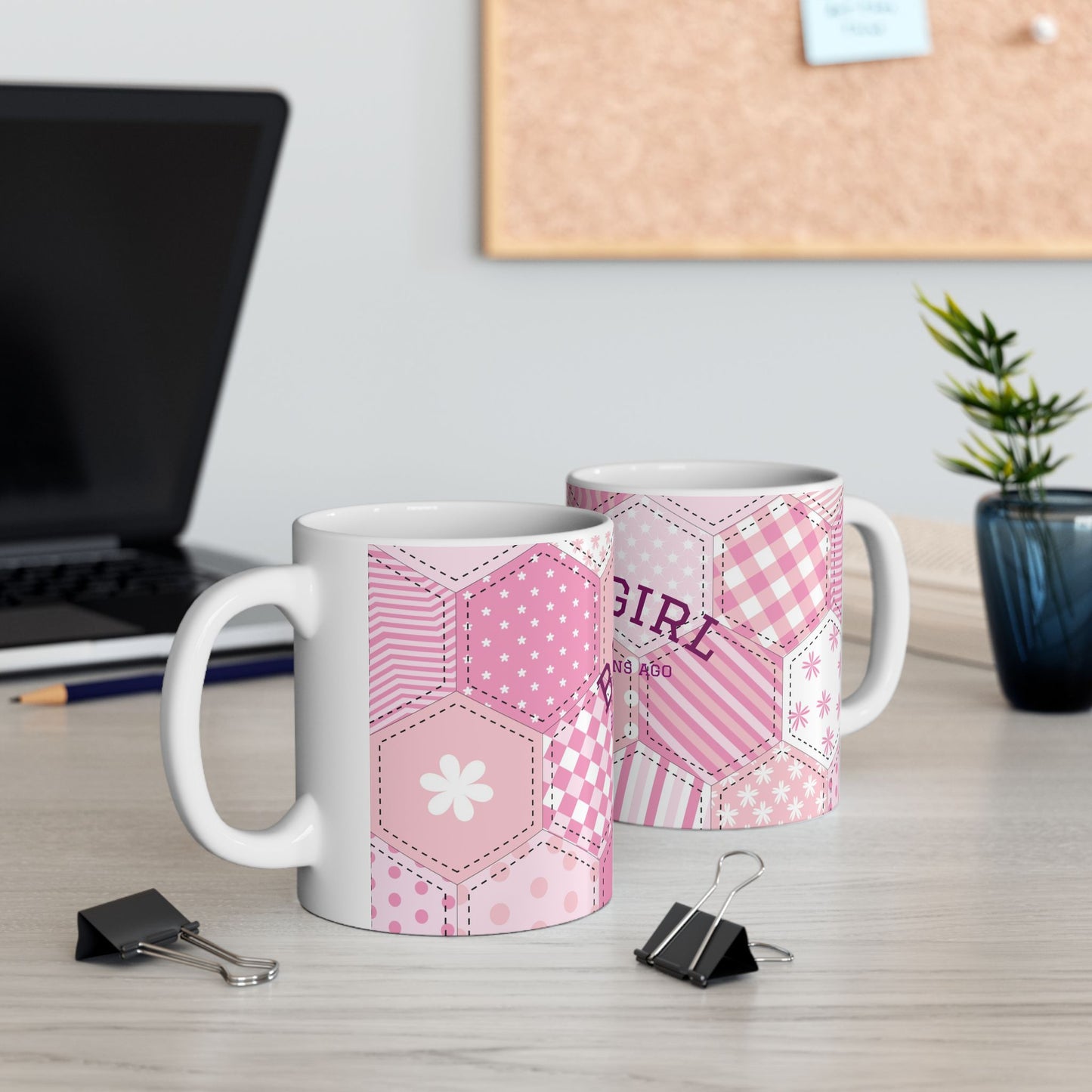 Baby girl ceramic mug soft girl aesthetic pink patchwork coffee cup gift for her cute feminine drinkware for cozy mornings